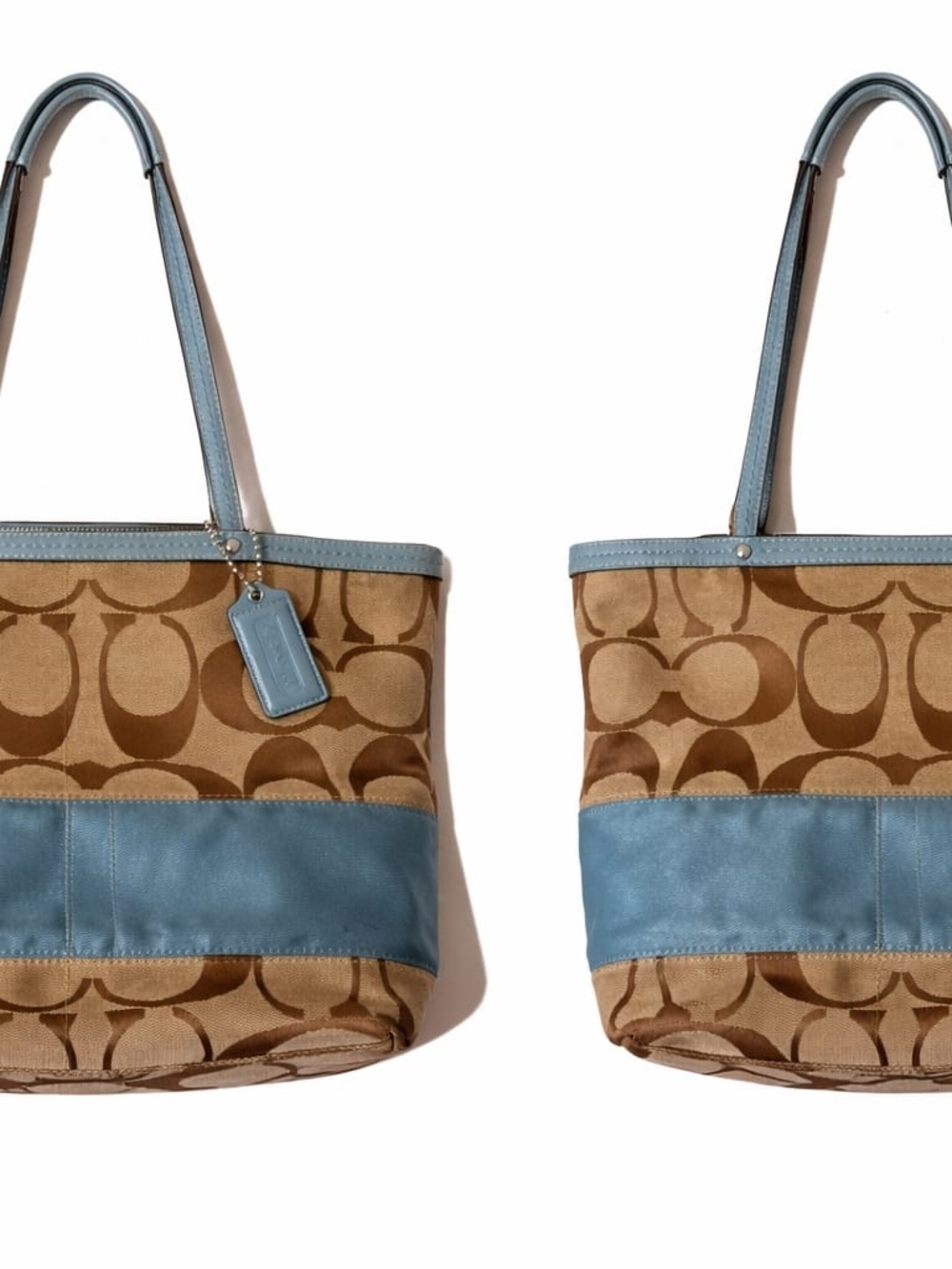 Coach Tan Signature Canvas Tote with Light Blue Trim
